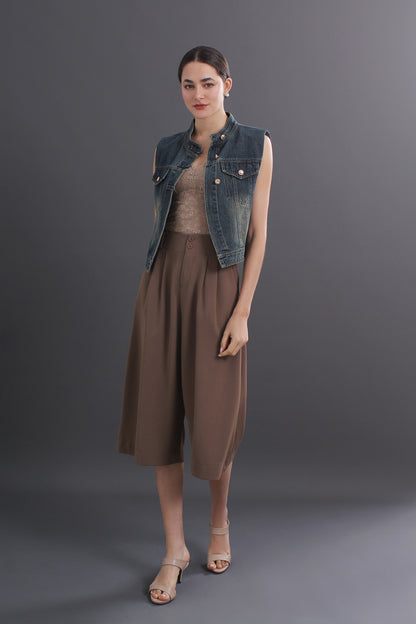 Agatha Plus Size Solid Color Wide-Leg Capri Pants With Pockets