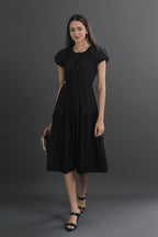 Cotton Puff Sleeve Round Neck Midi Dress
