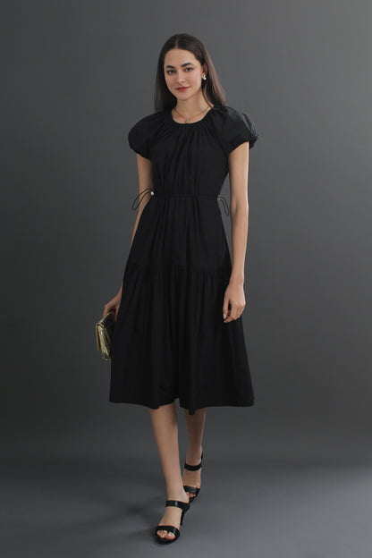 Cotton Puff Sleeve Round Neck Midi Dress