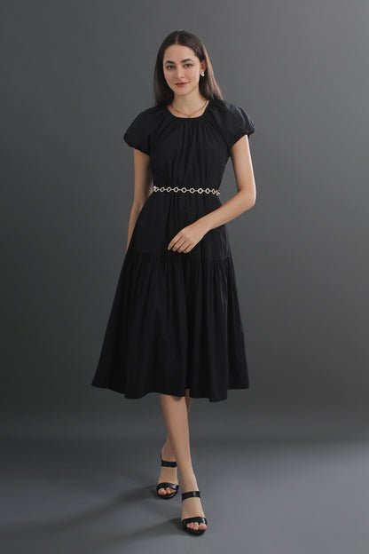 Cotton Puff Sleeve Round Neck Midi Dress