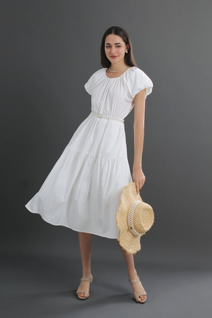Cotton Puff Sleeve Round Neck Midi Dress
