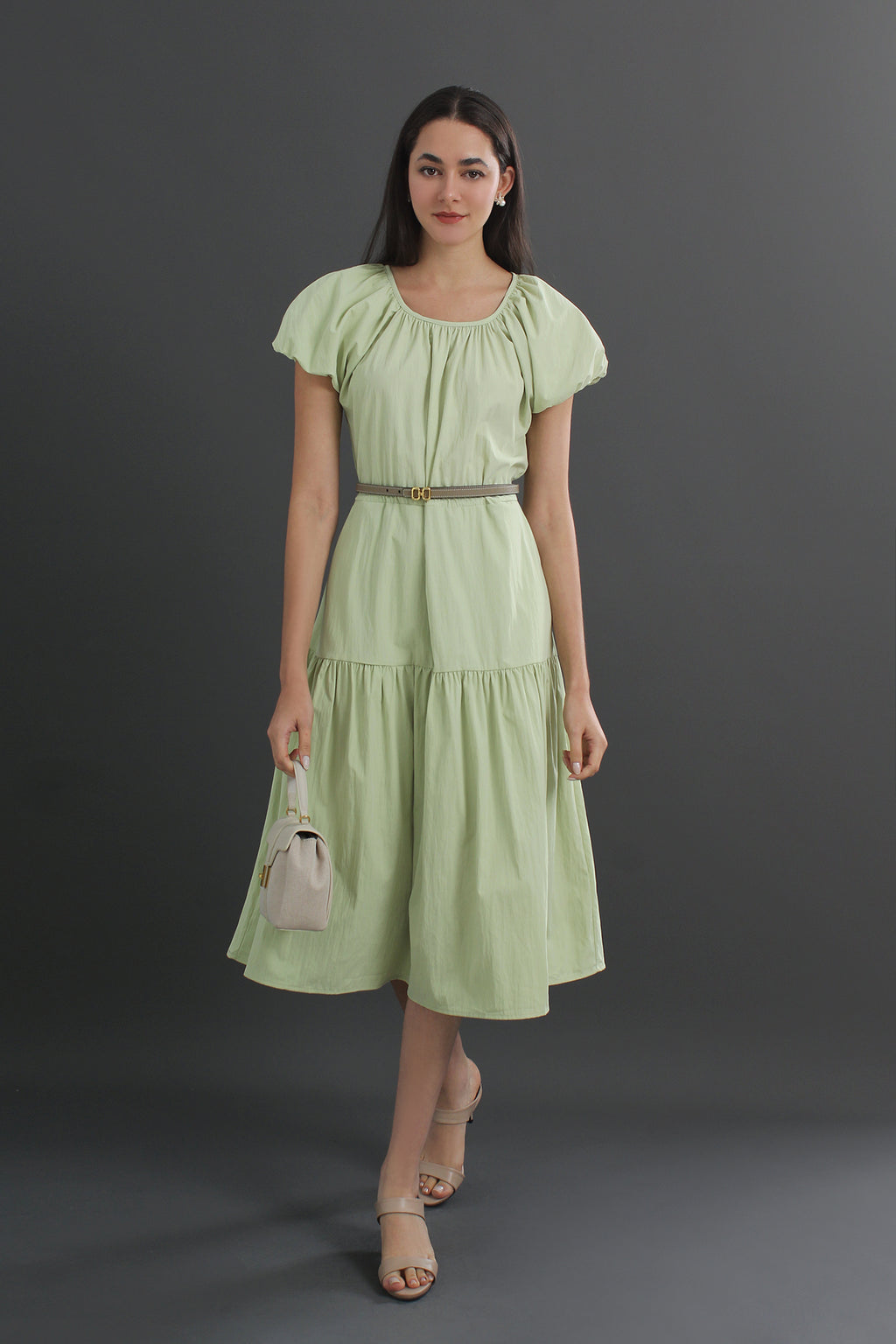 Cotton Puff Sleeve Round Neck Midi Dress