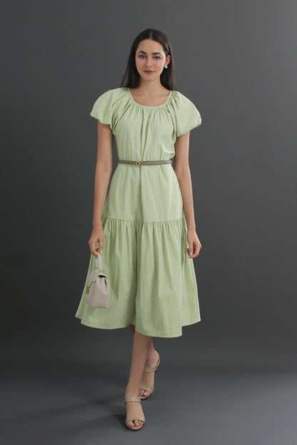 Cotton Puff Sleeve Round Neck Midi Dress