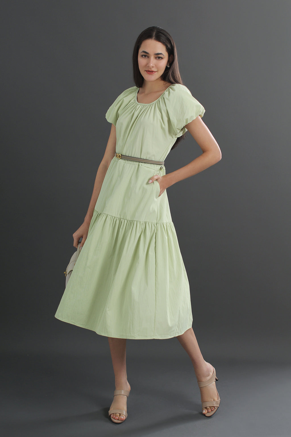 Cotton Puff Sleeve Round Neck Midi Dress