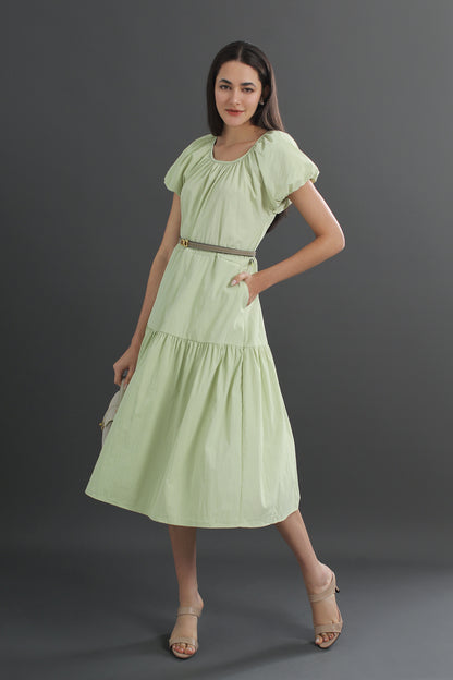 Cotton Puff Sleeve Round Neck Midi Dress