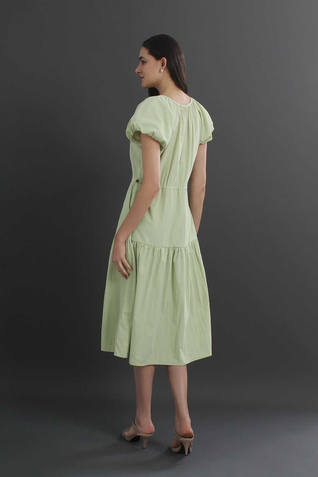 Cotton Puff Sleeve Round Neck Midi Dress
