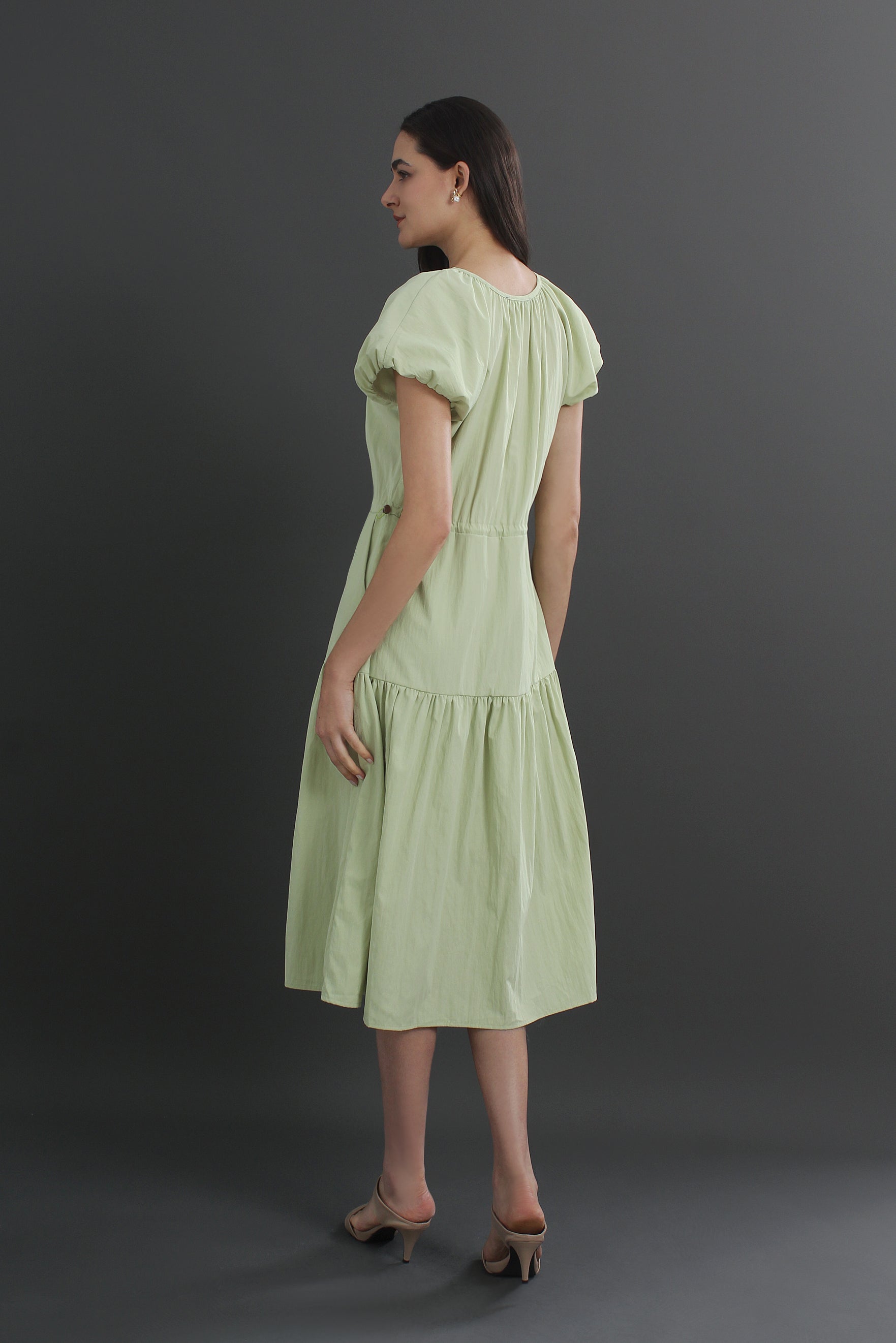 Cotton Puff Sleeve Round Neck Midi Dress