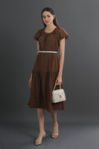 Cotton Puff Sleeve Round Neck Midi Dress