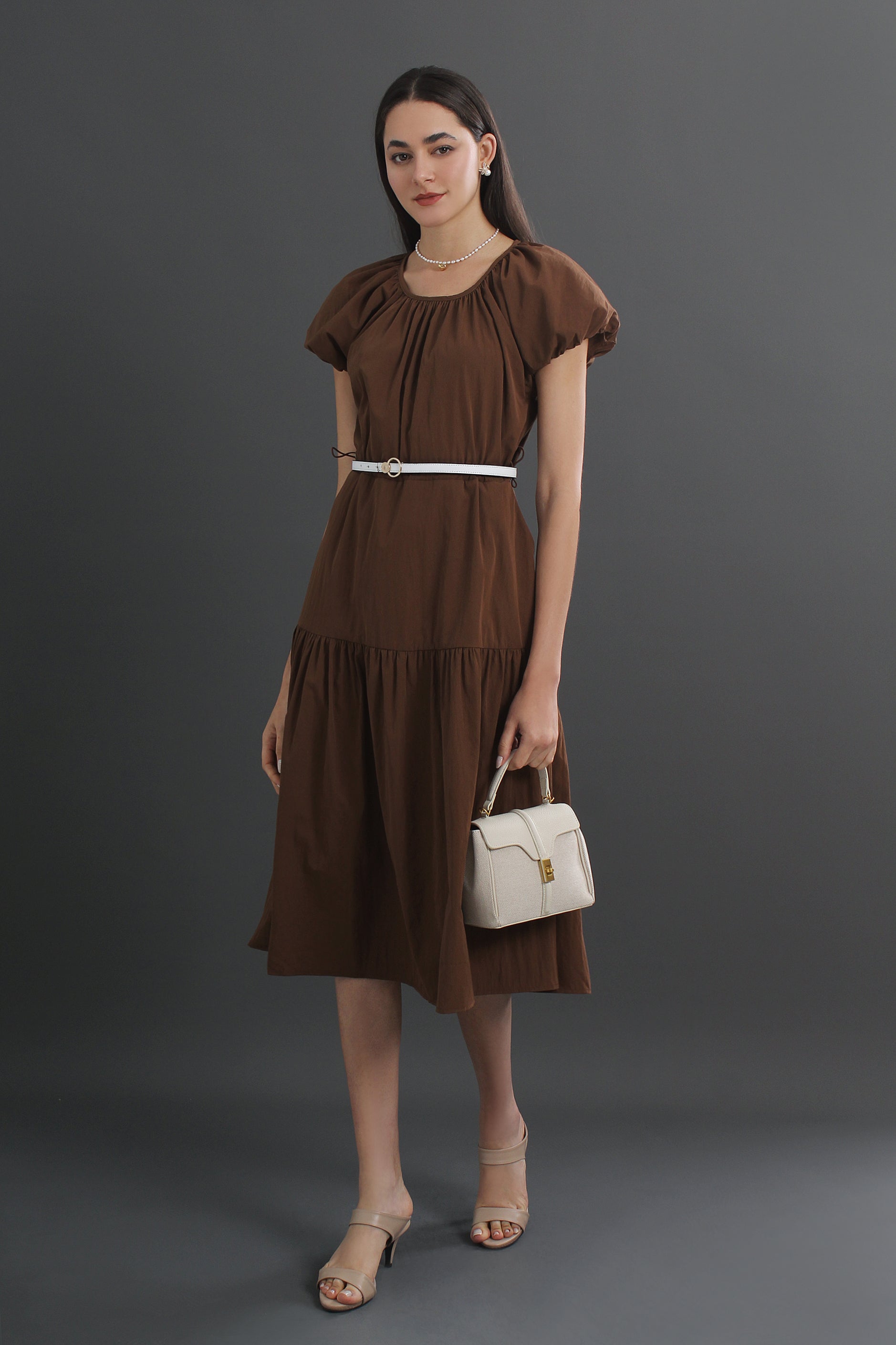 Cotton Puff Sleeve Round Neck Midi Dress