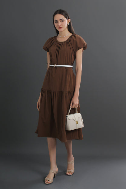 Cotton Puff Sleeve Round Neck Midi Dress