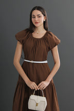 Cotton Puff Sleeve Round Neck Midi Dress