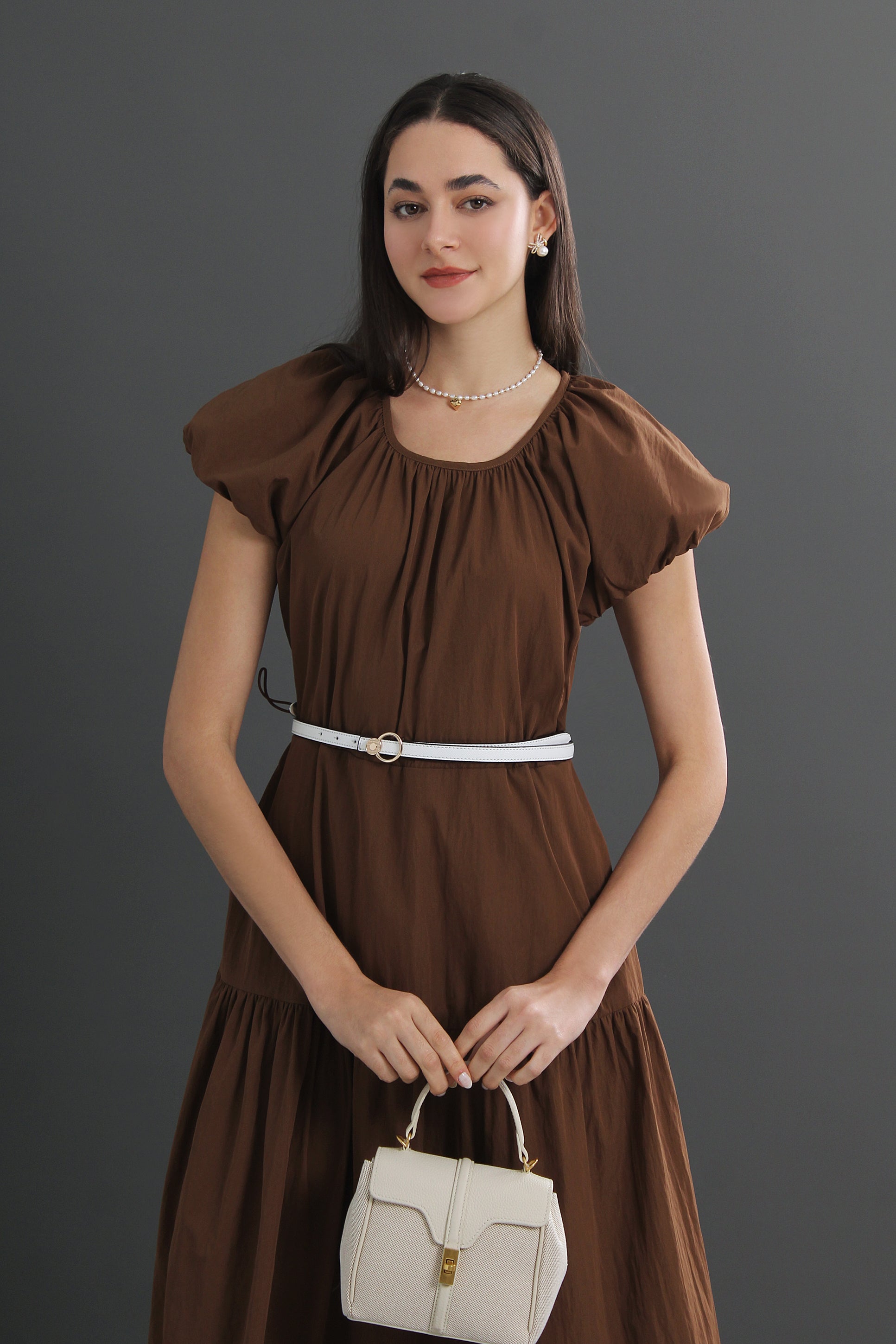 Cotton Puff Sleeve Round Neck Midi Dress