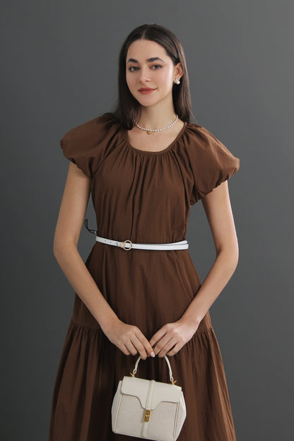 Cotton Puff Sleeve Round Neck Midi Dress