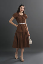 Cotton Puff Sleeve Round Neck Midi Dress