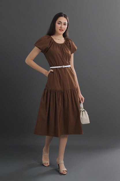 Cotton Puff Sleeve Round Neck Midi Dress