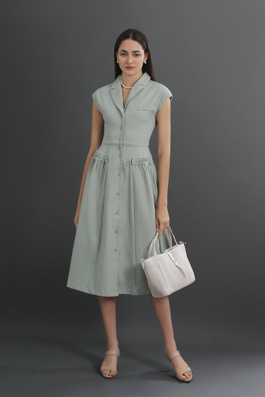 Roberta V-Neck Linen Collared Midi Dress