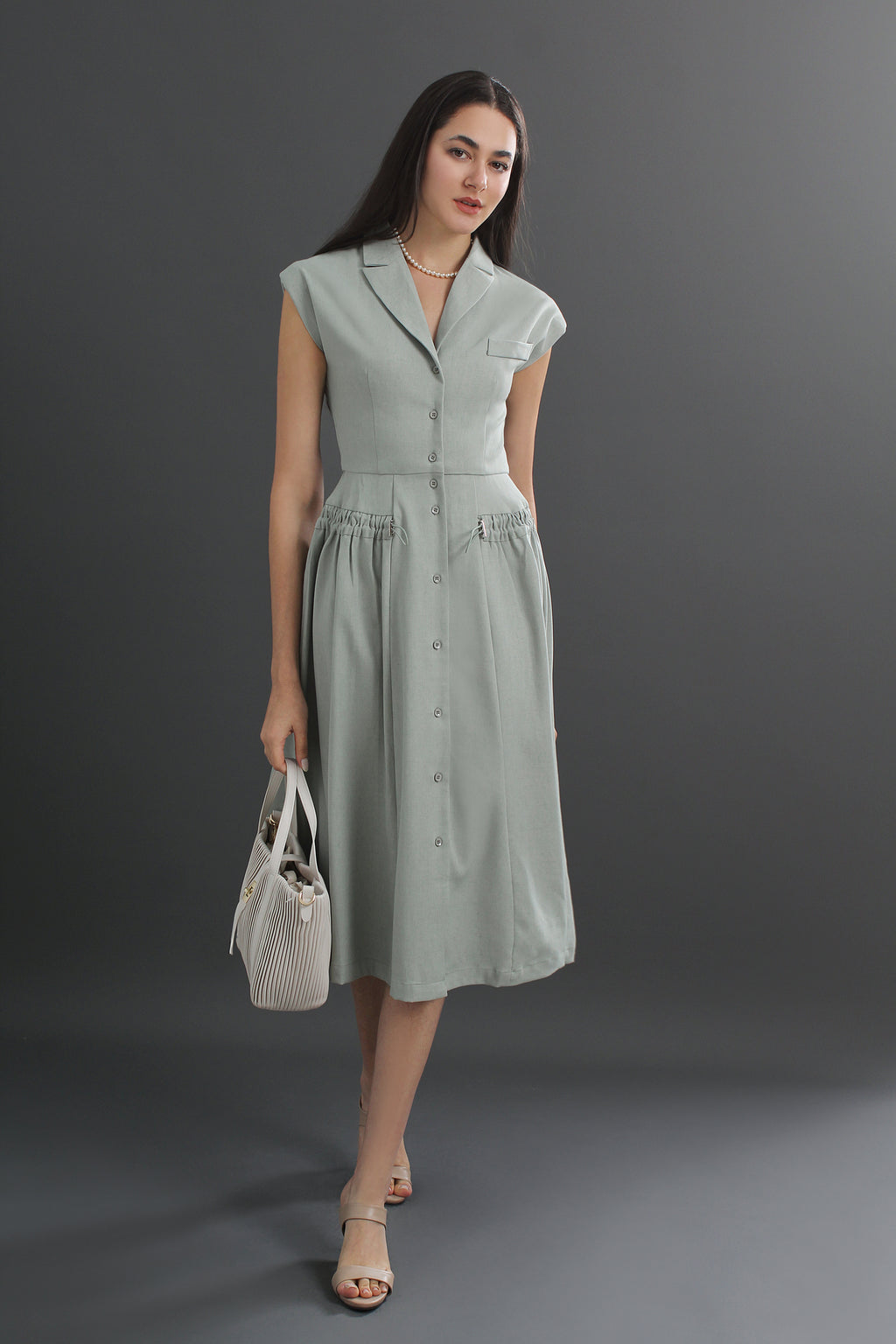 Roberta V-Neck Collar Flare Midi Dress