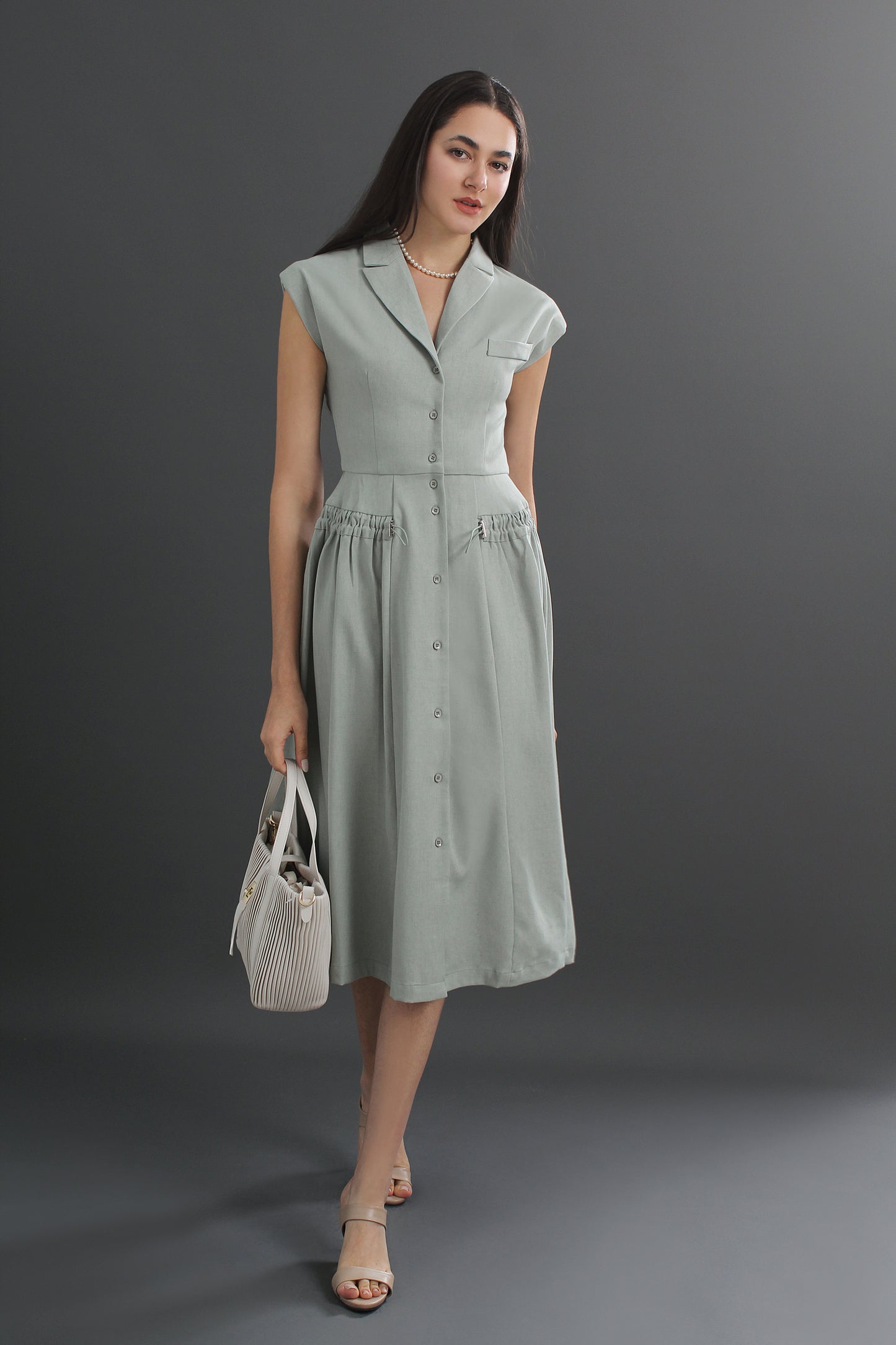 Roberta V-Neck Linen Collared Midi Dress