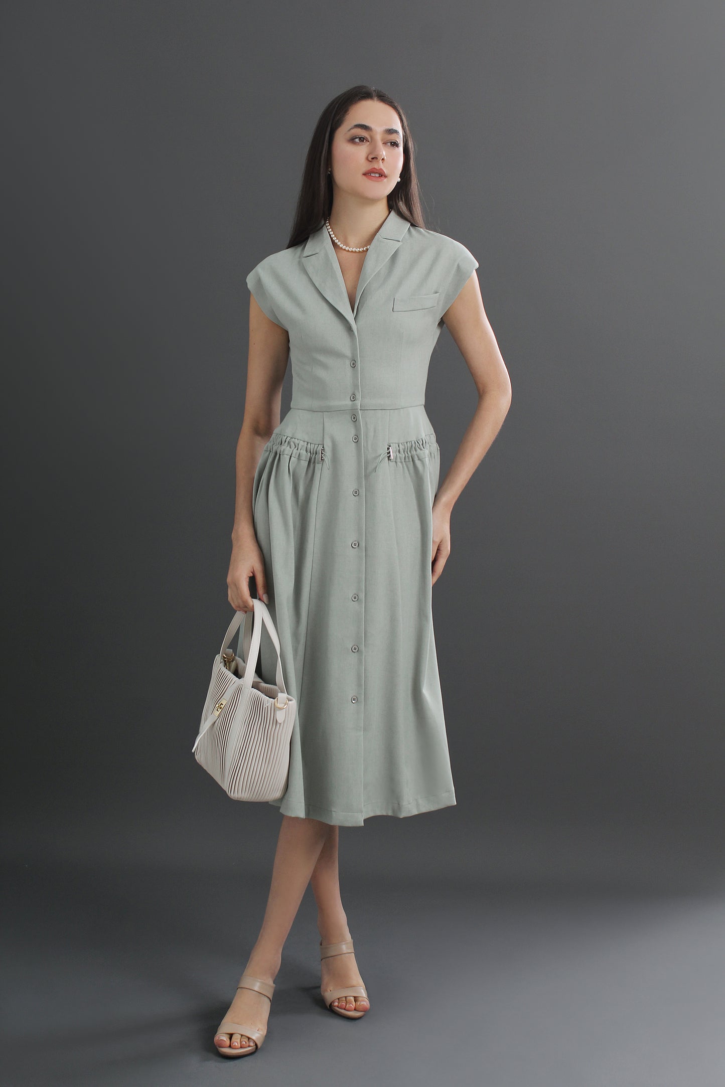 Roberta V-Neck Linen Collared Midi Dress