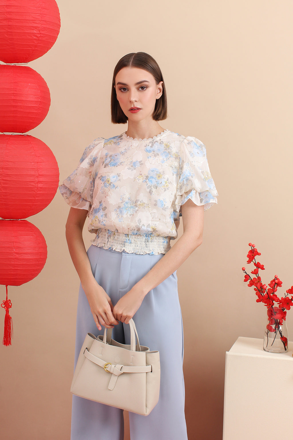 Floral Trim Puff Sleeve Blouse