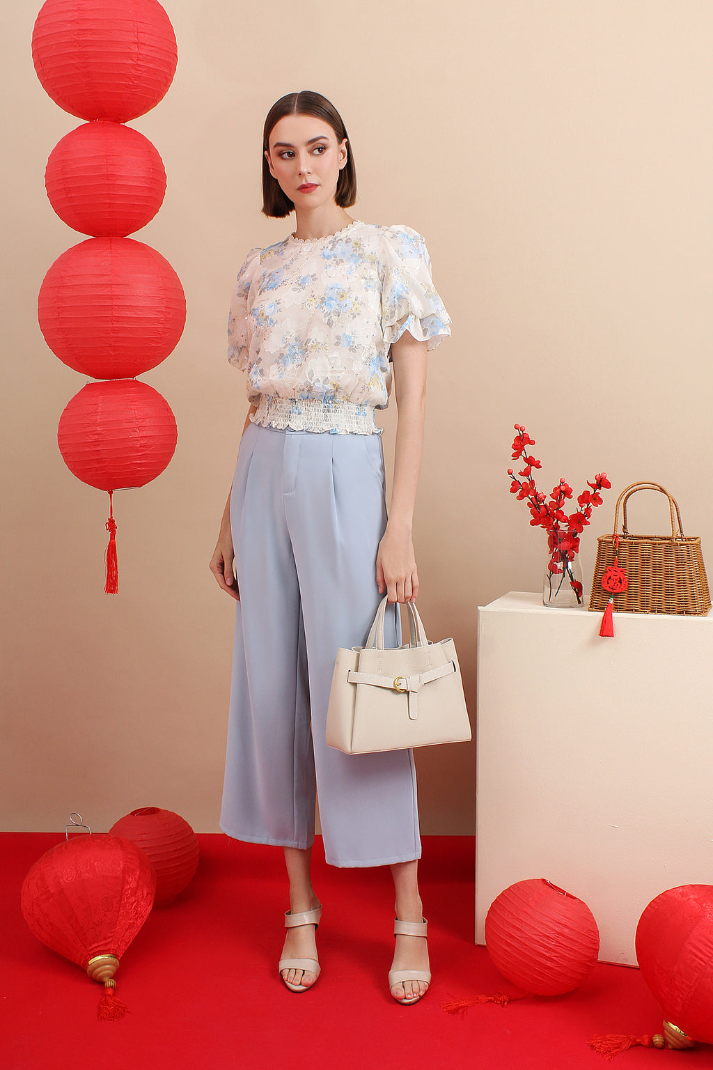 Floral Trim Puff Sleeve Blouse