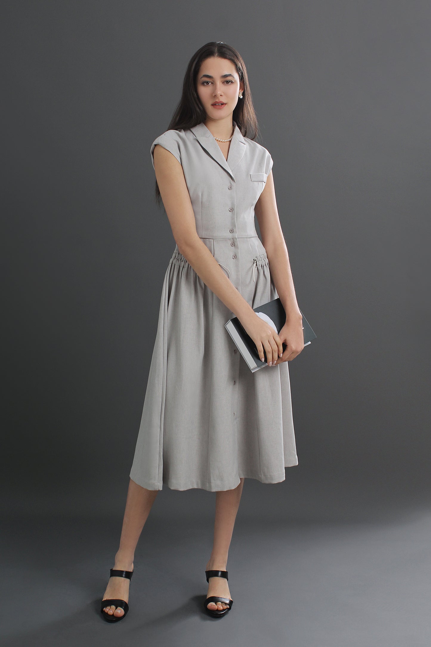 Roberta V-Neck Linen Collared Midi Dress