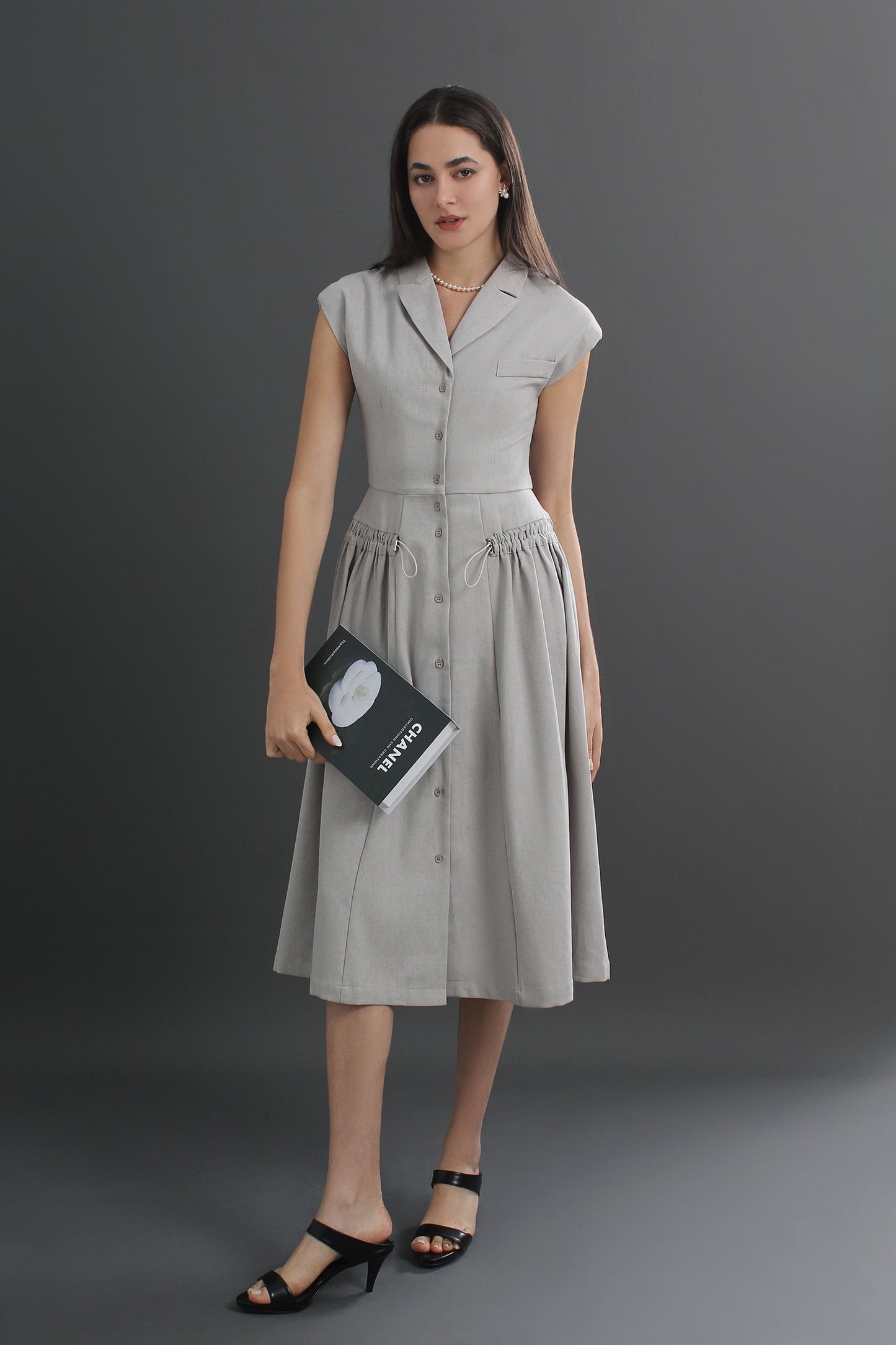 Roberta V-Neck Linen Collared Midi Dress