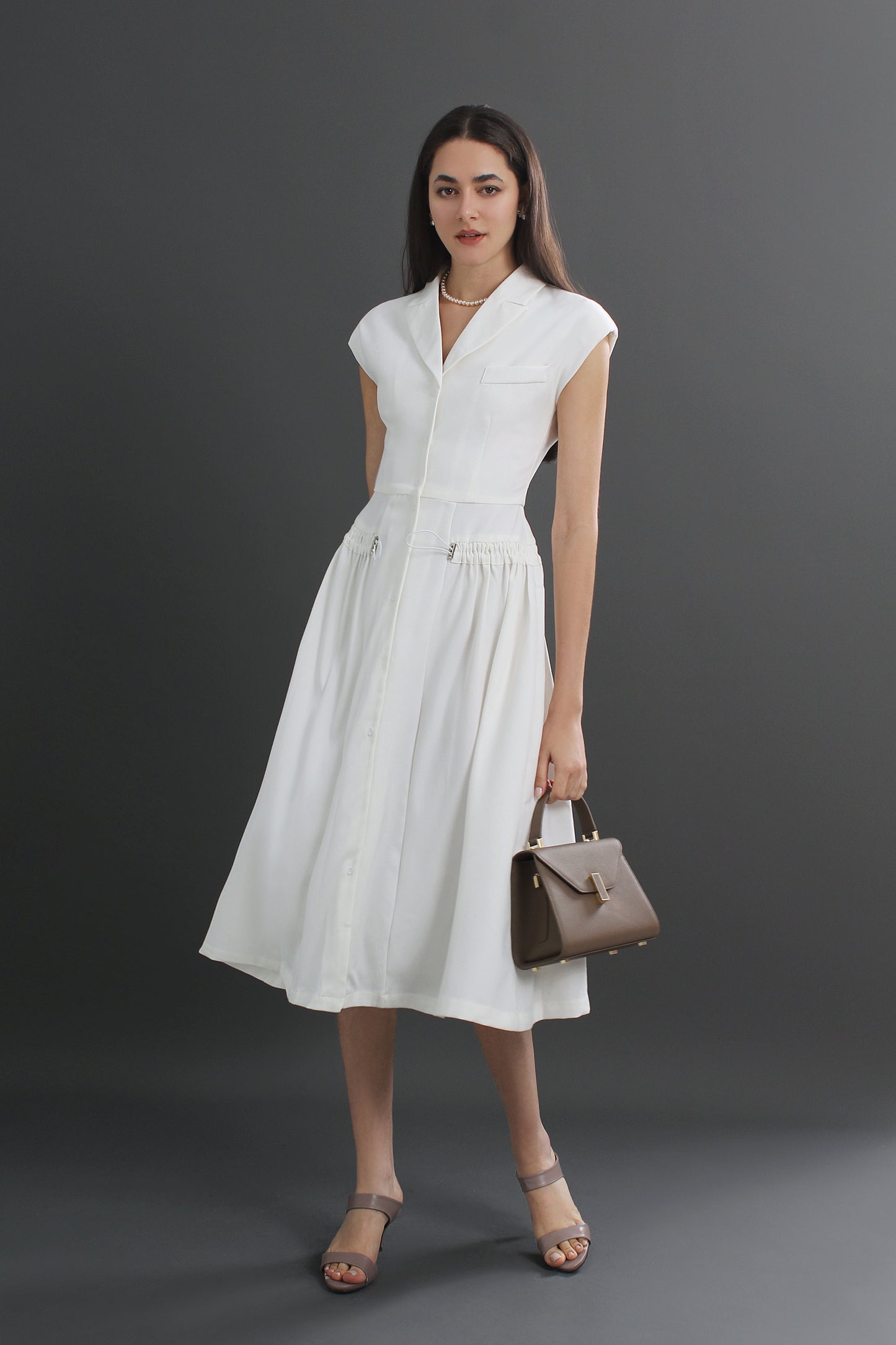 Roberta V-Neck Linen Collared Midi Dress