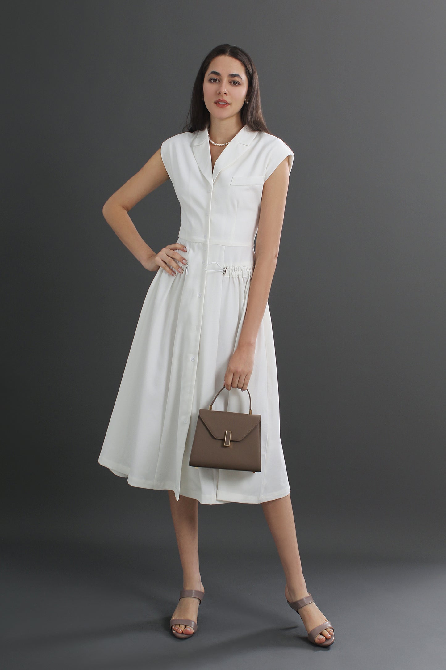 Roberta V-Neck Linen Collared Midi Dress