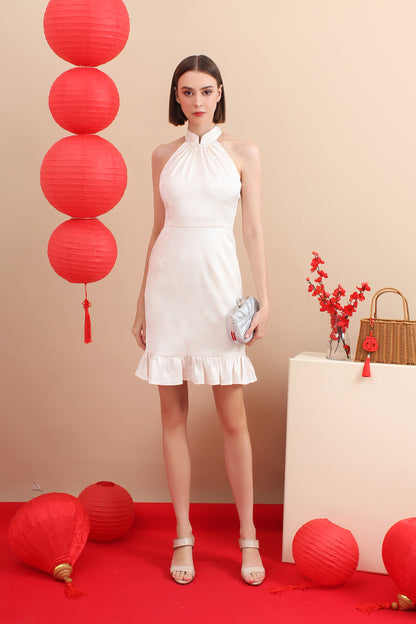 Qipao Halter Mandarin Jacquard Ruffle Hem