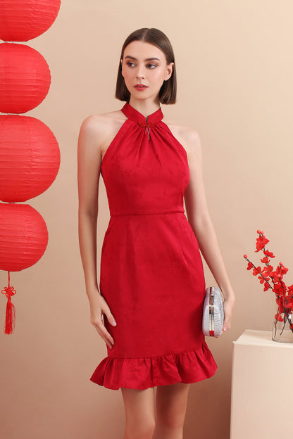 Qipao Halter Mandarin Jacquard Ruffle Hem