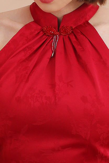 Qipao Halter Mandarin Jacquard Ruffle Hem