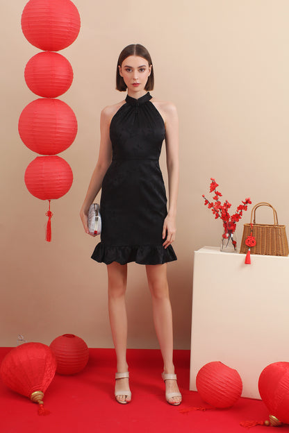 Qipao Halter Mandarin Jacquard Ruffle Hem