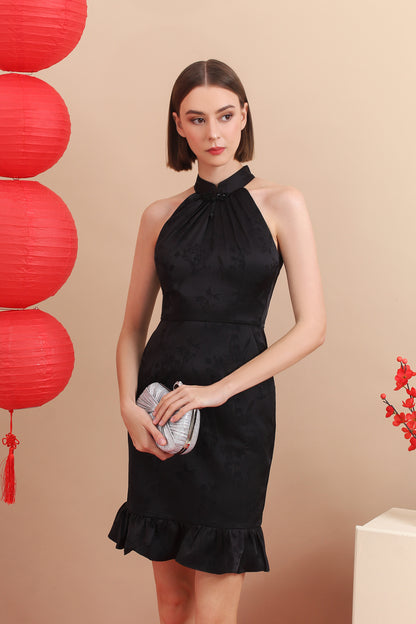 Qipao Halter Mandarin Jacquard Ruffle Hem