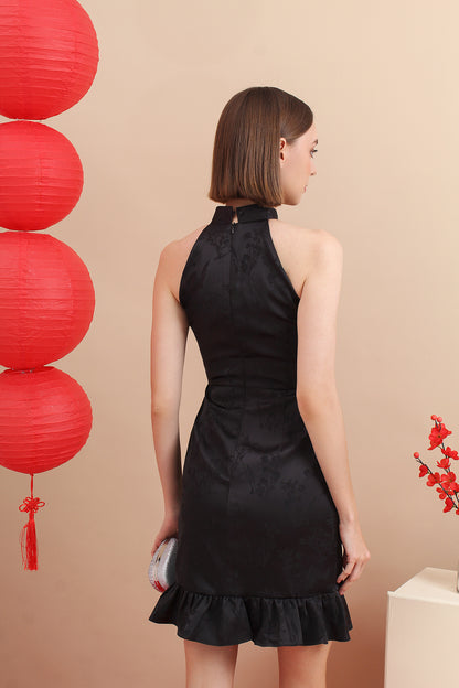 Qipao Halter Mandarin Jacquard Ruffle Hem