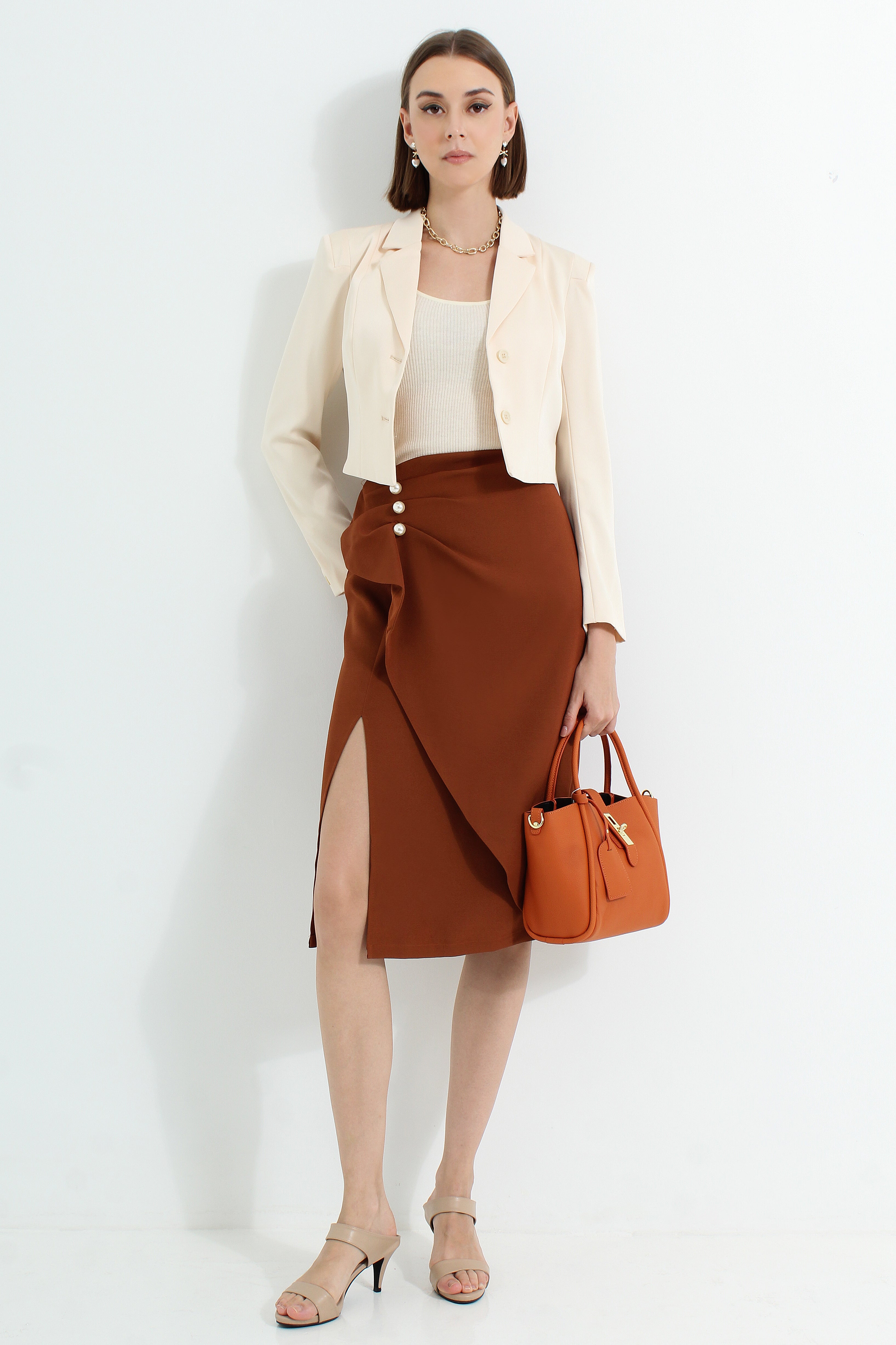 High Slit Midi Skirt with Pearls