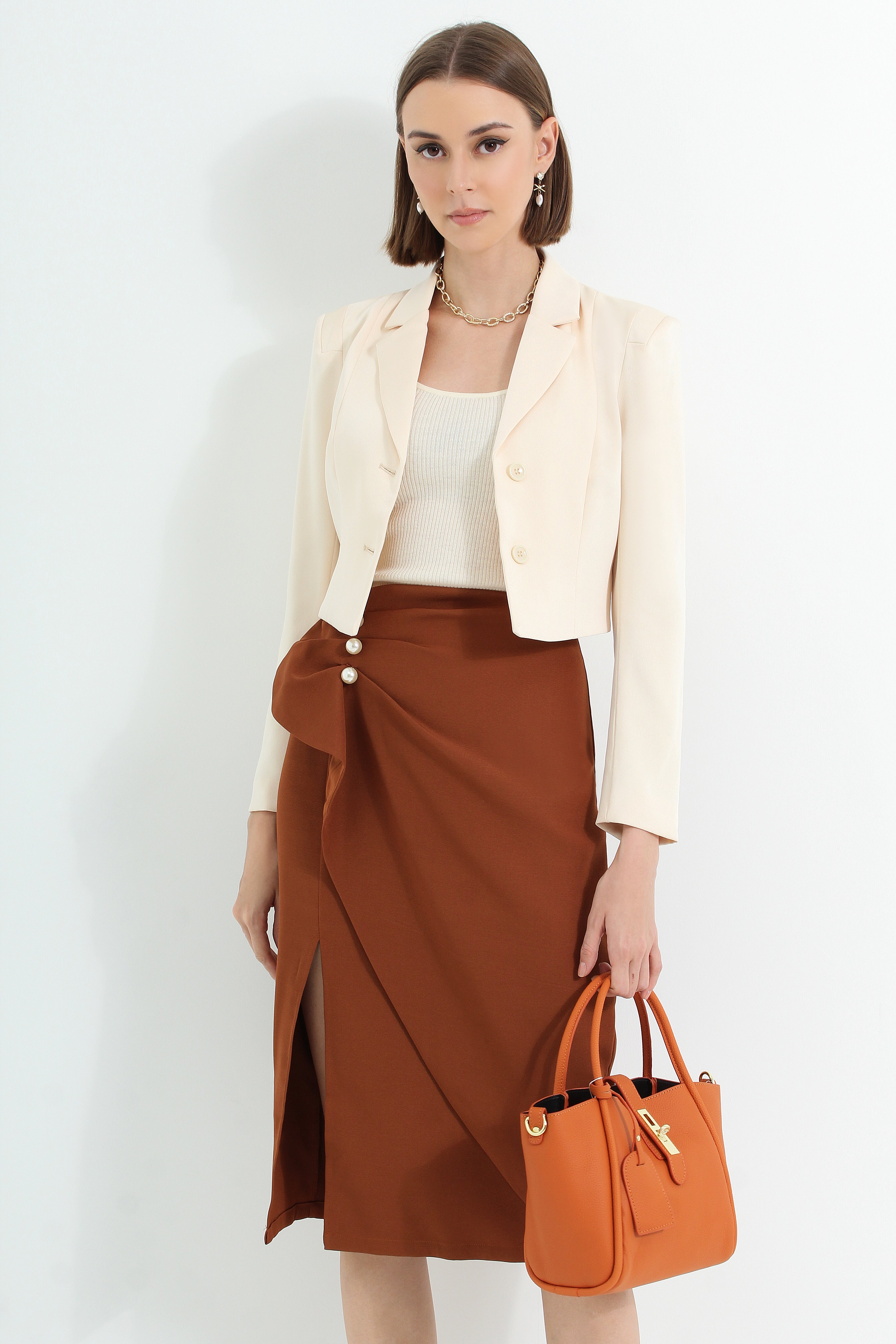 High Slit Midi Skirt with Pearls