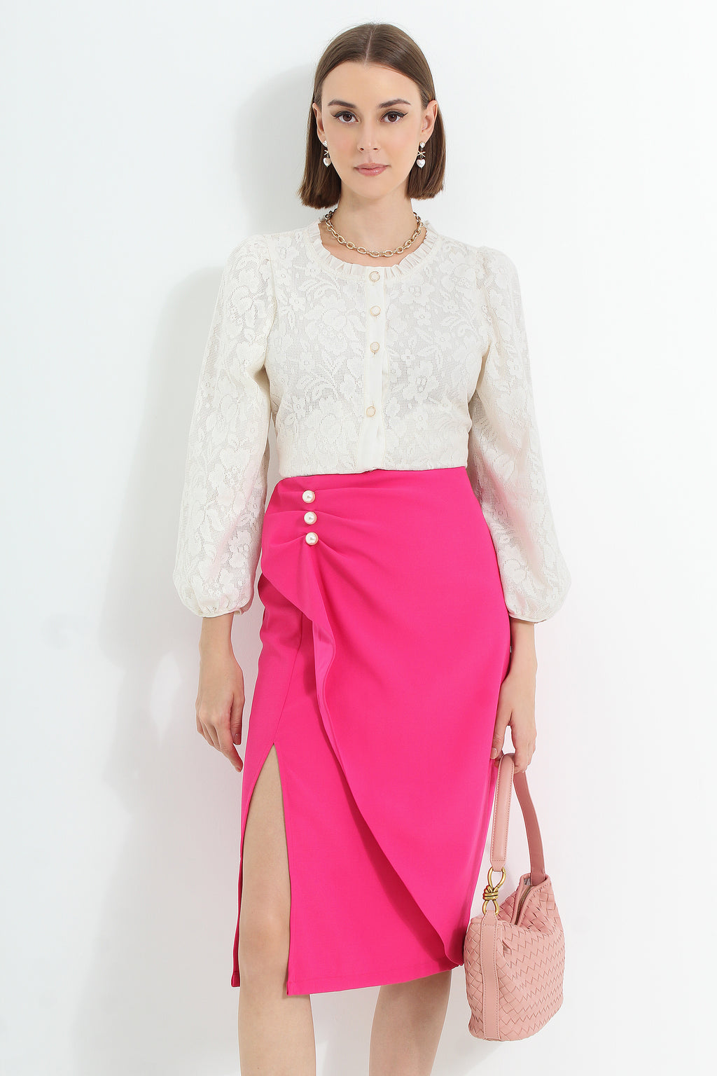 High Slit Midi Skirt with Pearls