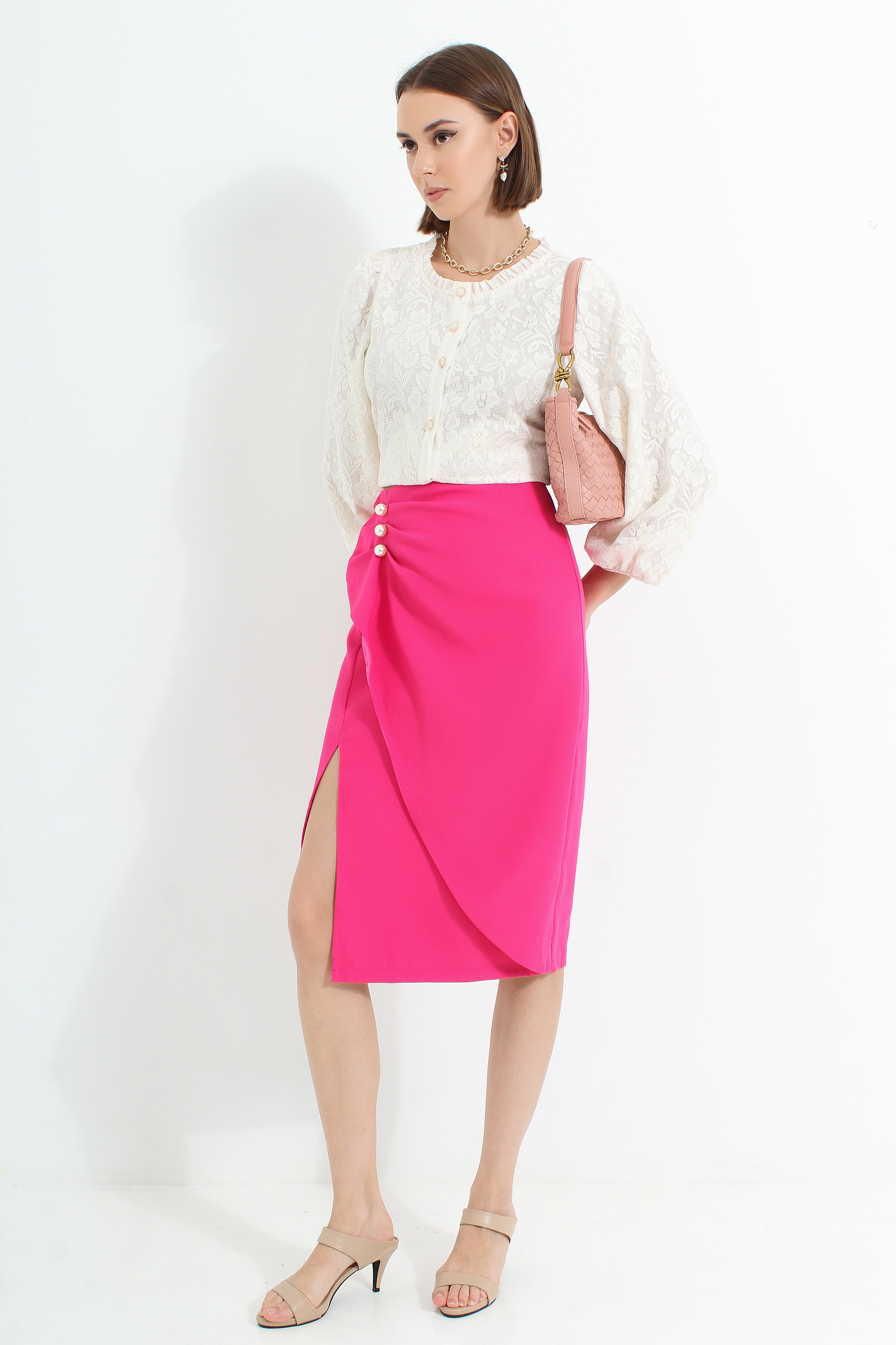 High Slit Midi Skirt with Pearls