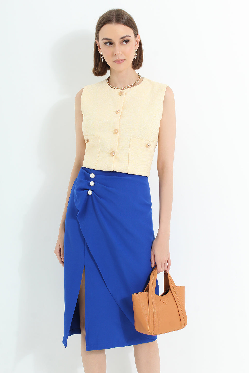 High Slit Midi Skirt with Pearls