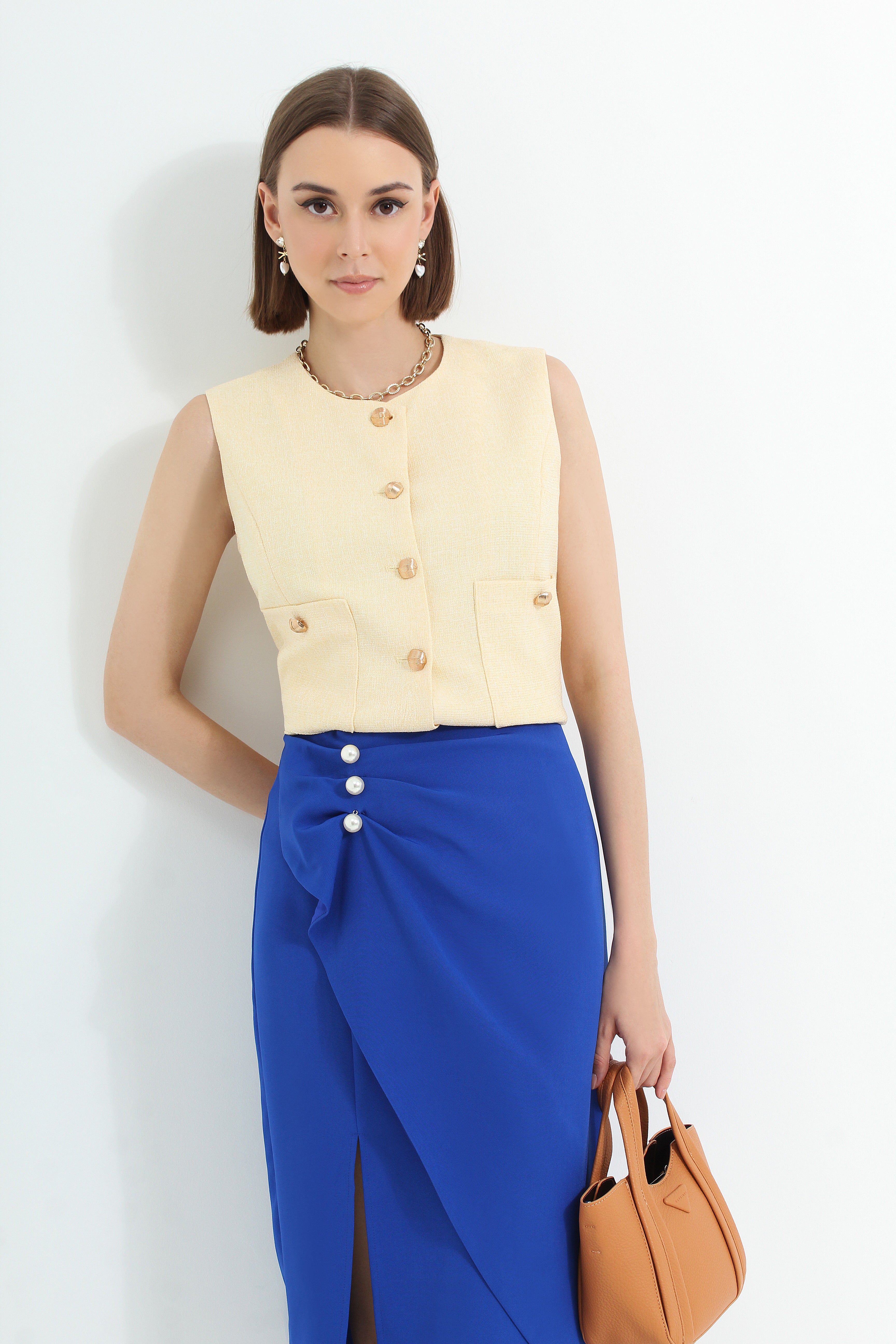 High Slit Midi Skirt with Pearls