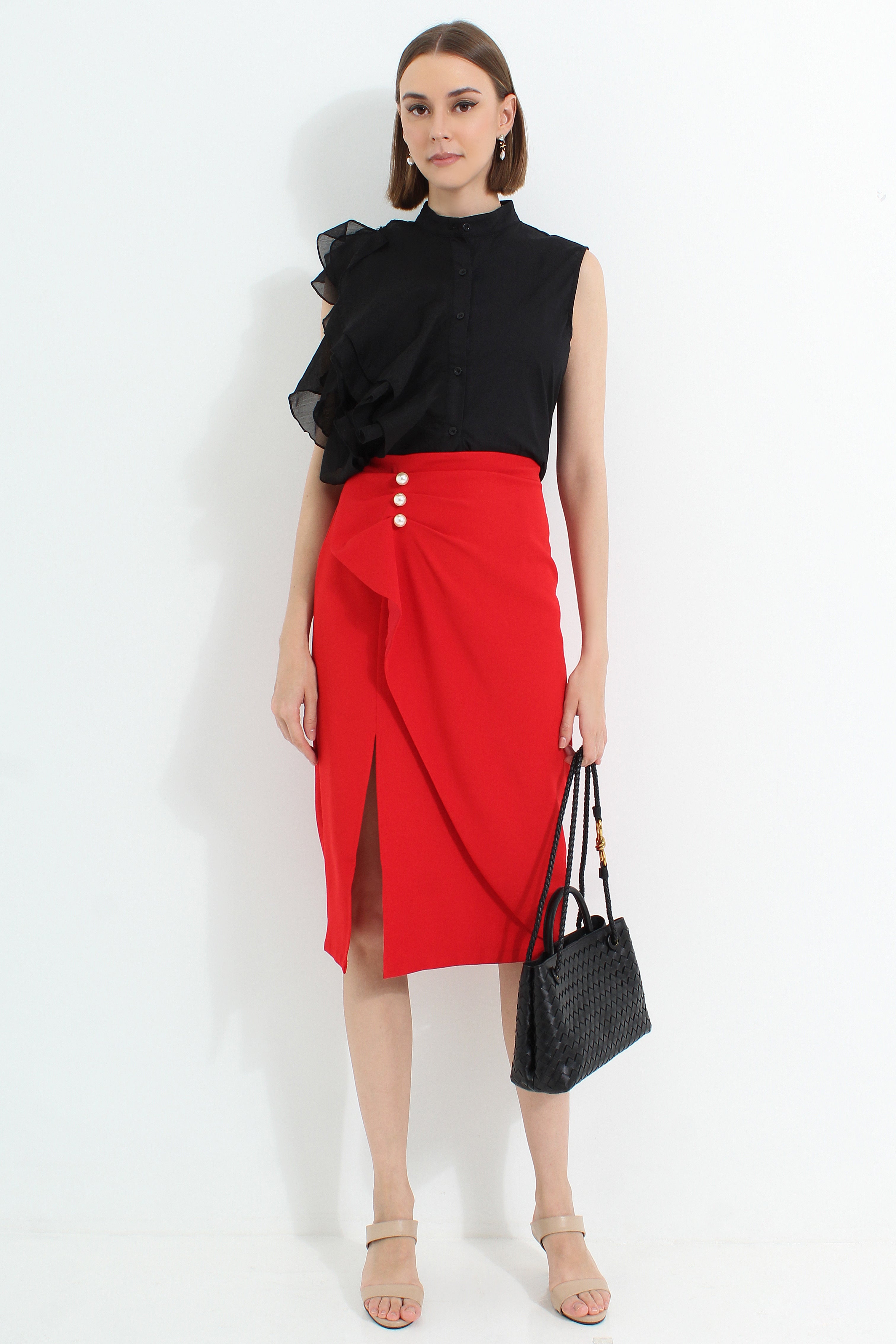 High Slit Midi Skirt with Pearls
