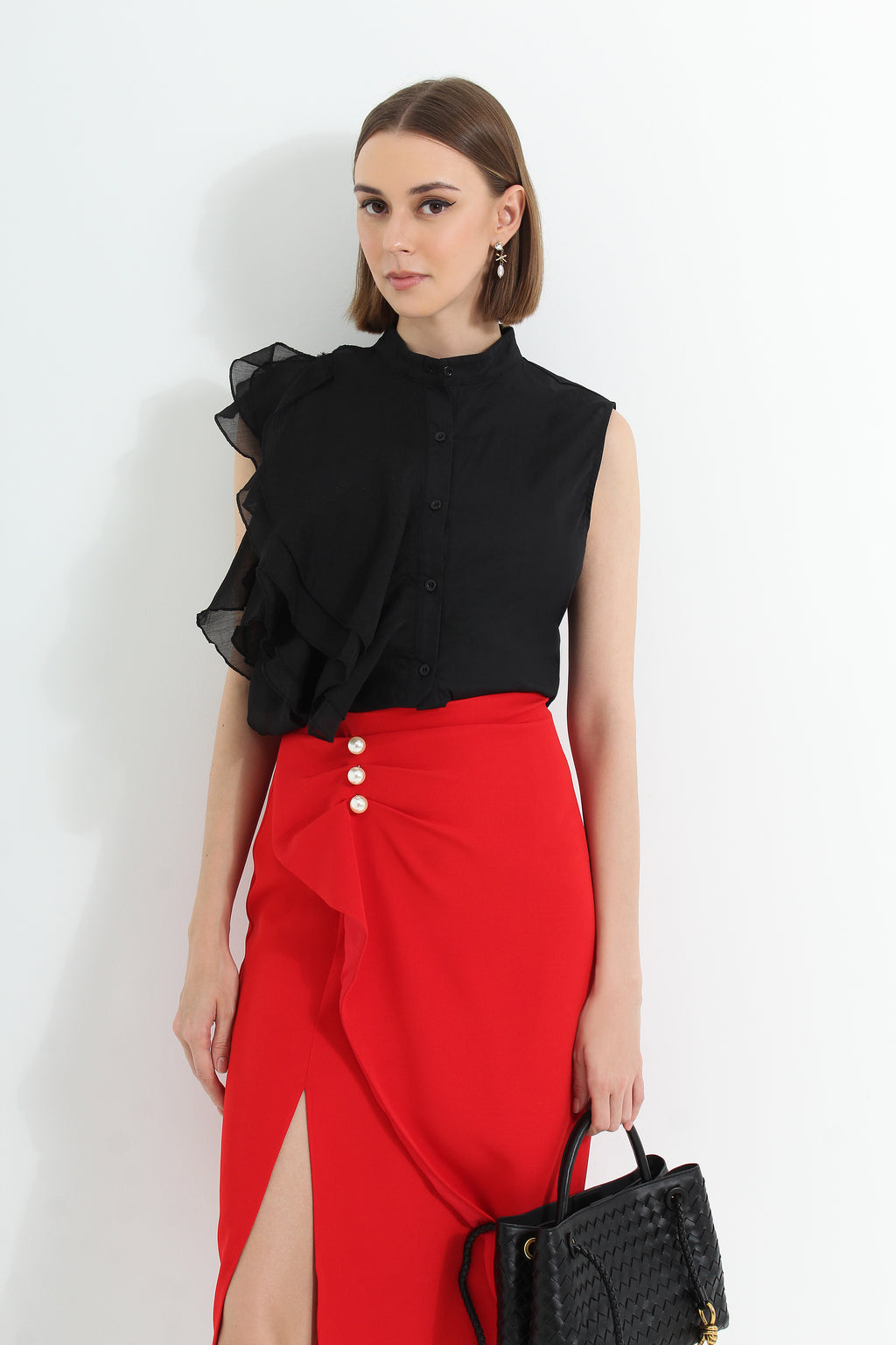 High Slit Midi Skirt with Pearls