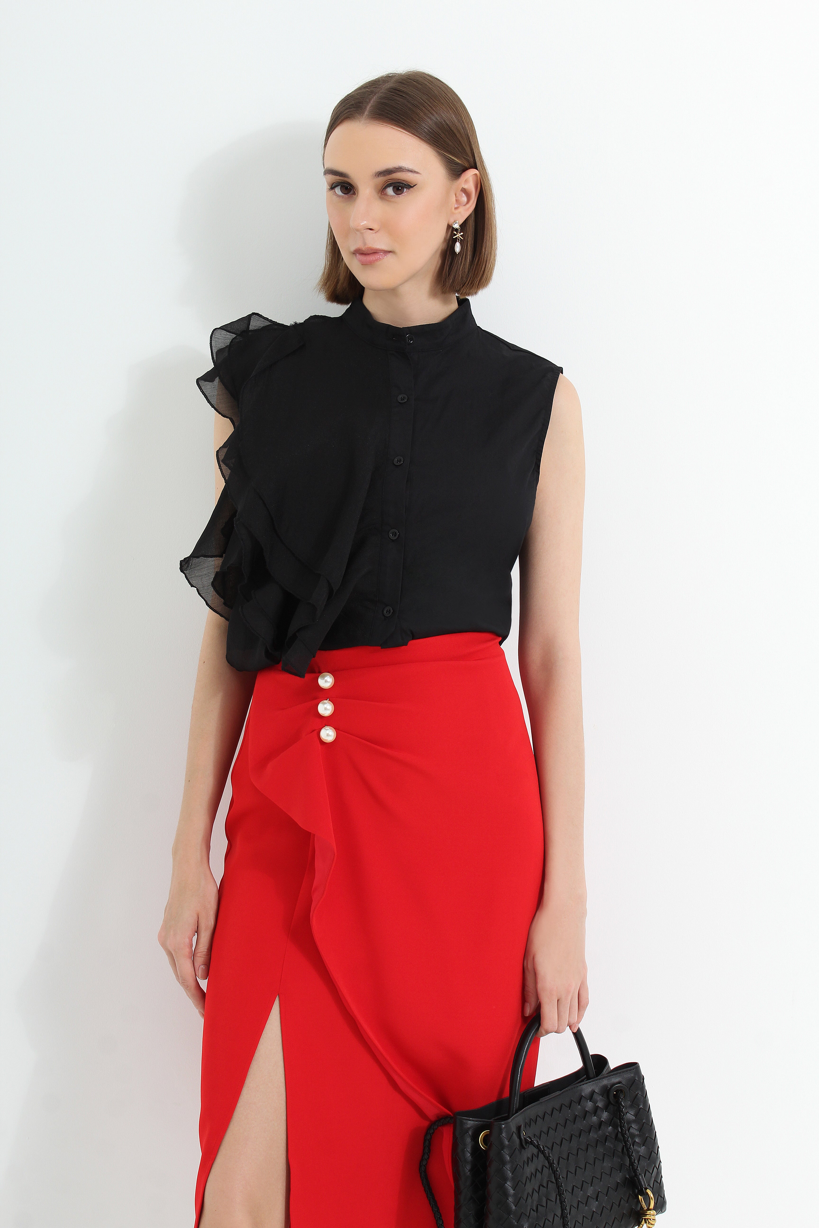 High Slit Midi Skirt with Pearls