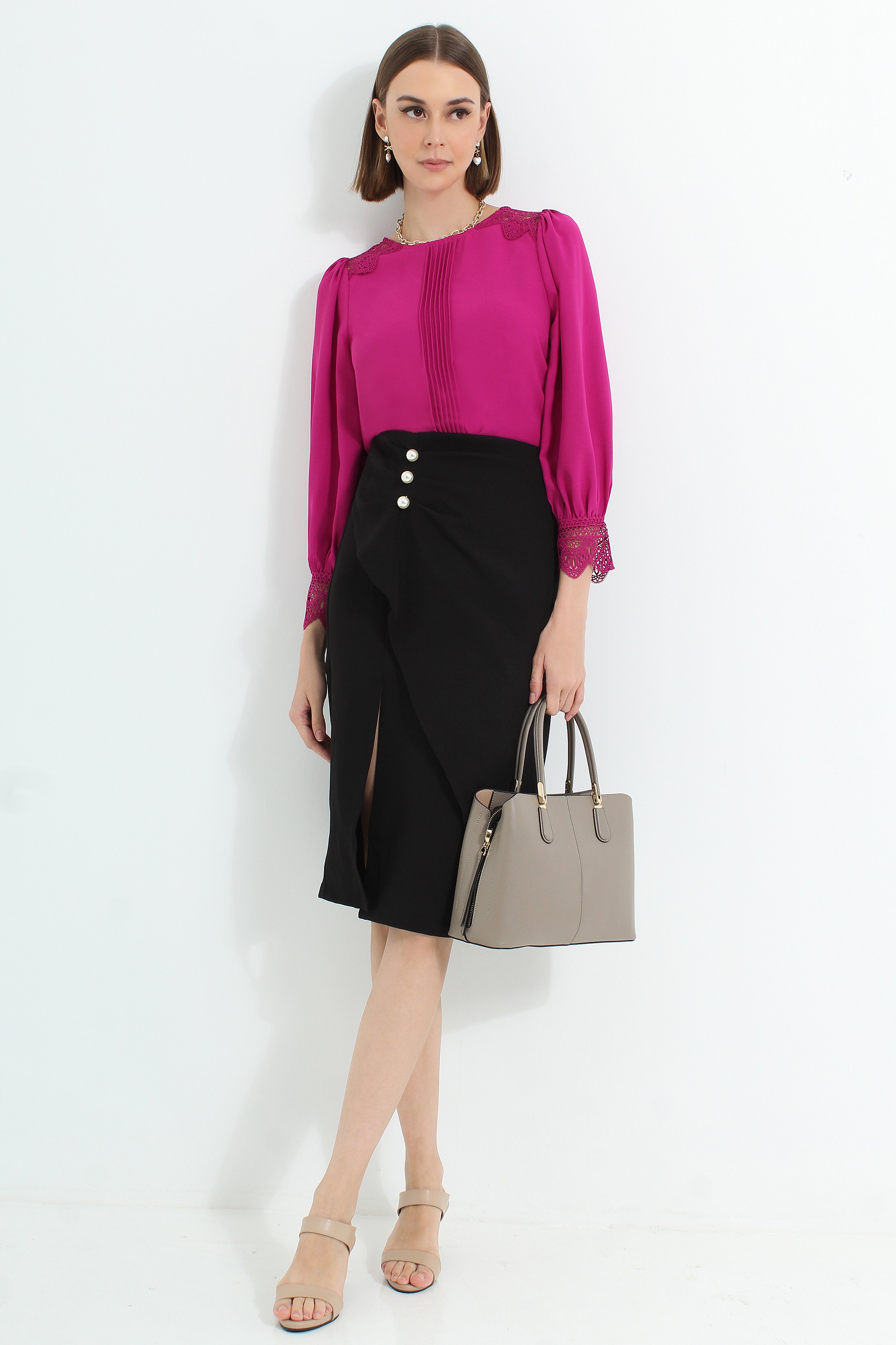 High Slit Midi Skirt with Pearls