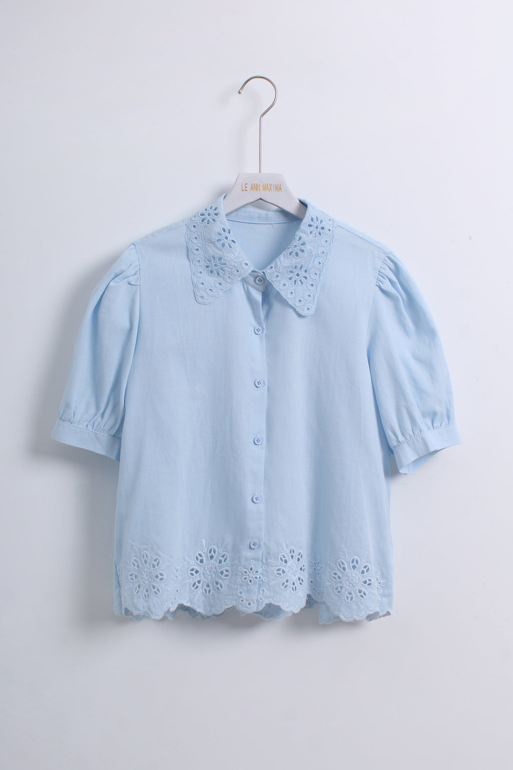 Collar Embroidery Blouse in Baby Blue (Free size)