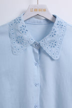 Collar Embroidery Blouse in Baby Blue (Free size)