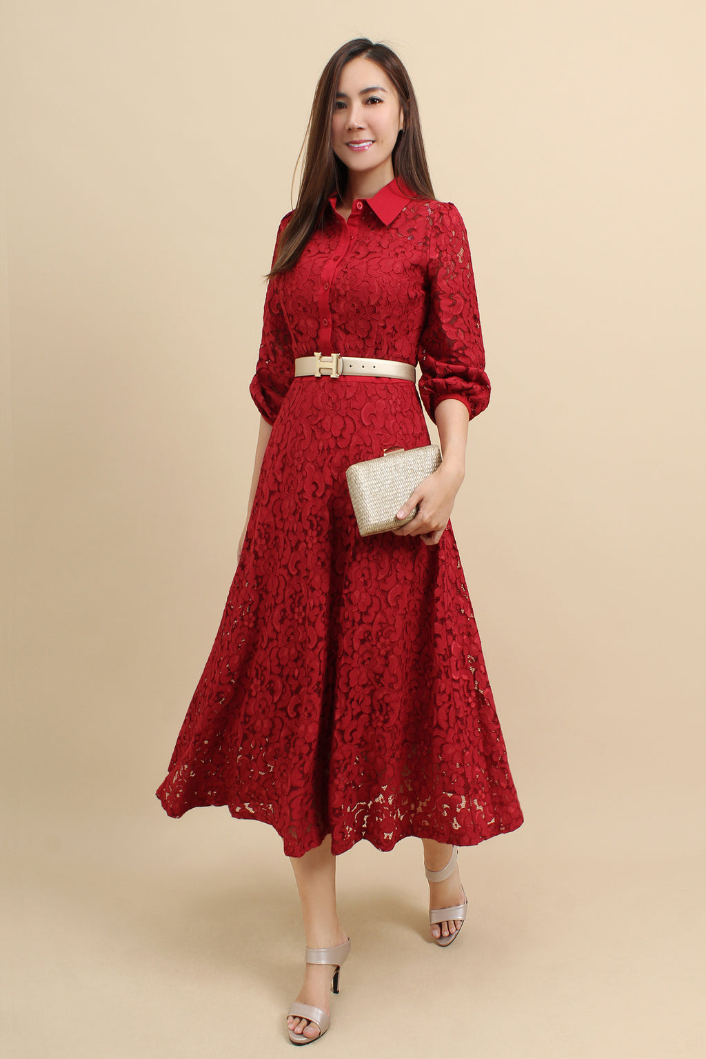 Lace Collar Button Down Midi Dress
