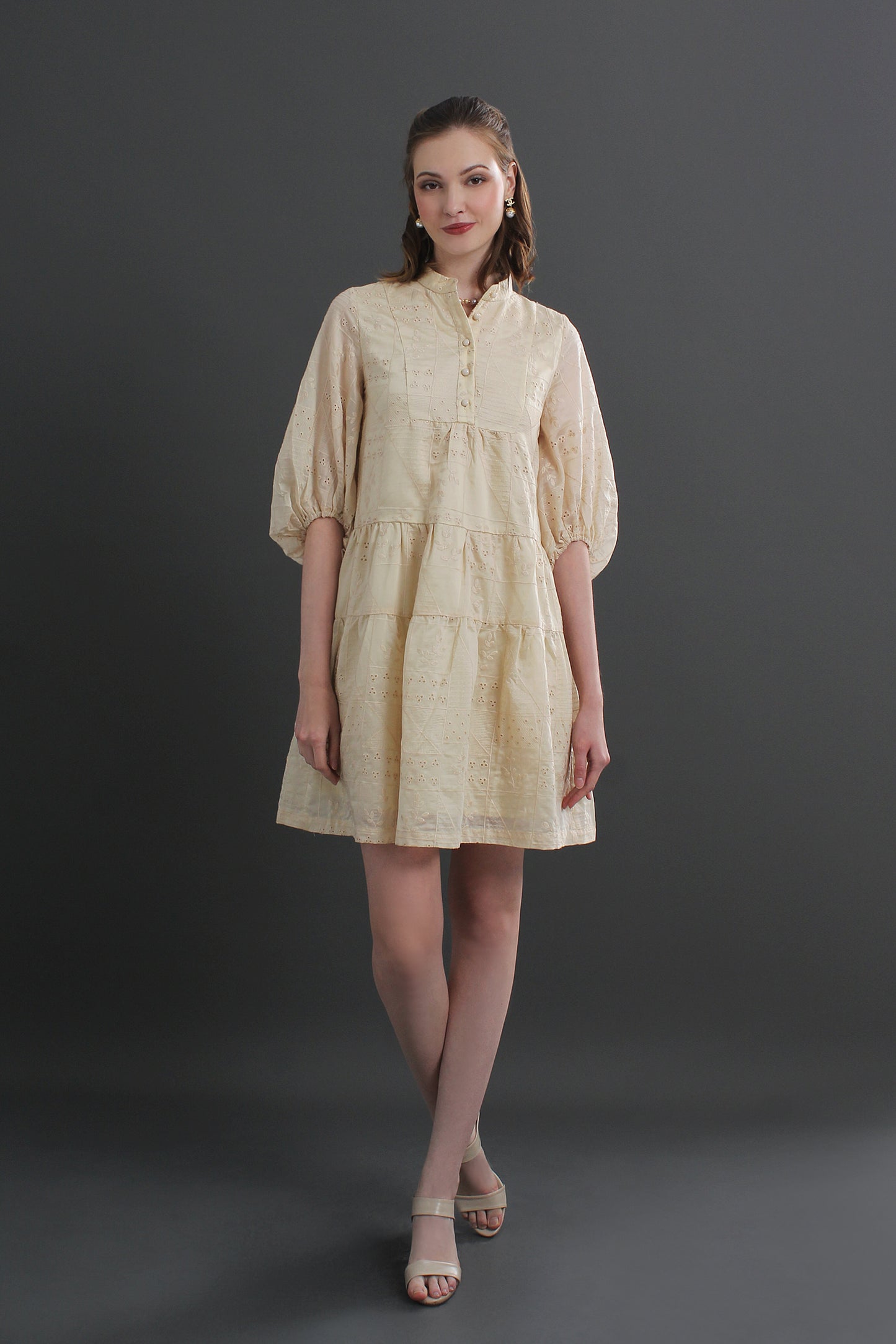 Daisy Eyelet Puff Sleeves Mini Dress