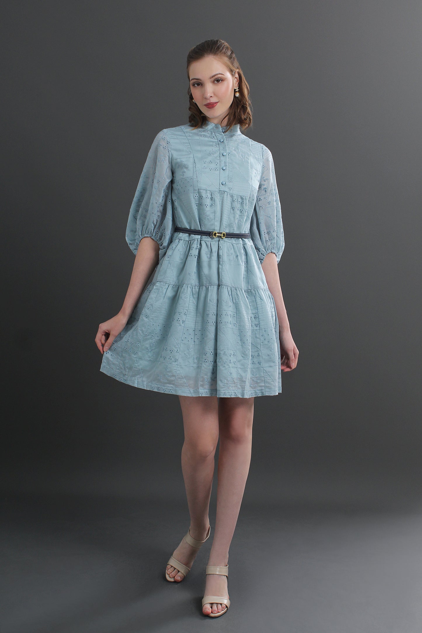 Daisy Eyelet Puff Sleeves Mini Dress